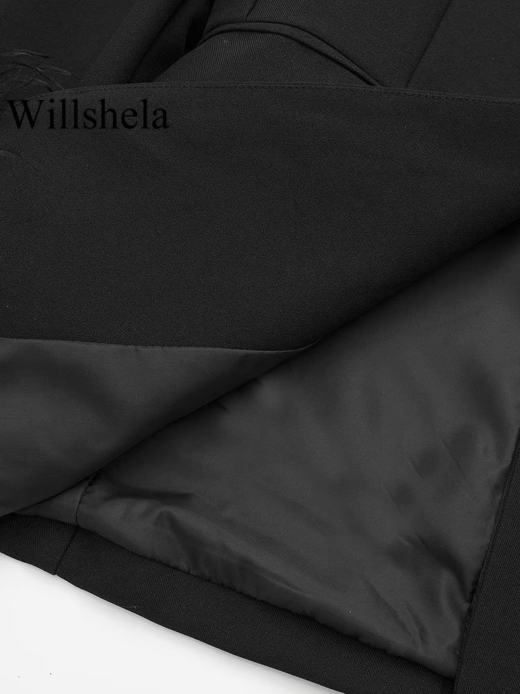 Willshela moda damska satynowa czarna z piórami marynarka Vintage karbowany dekolt zapinany na jeden guzik długie rękawy stroje damskie