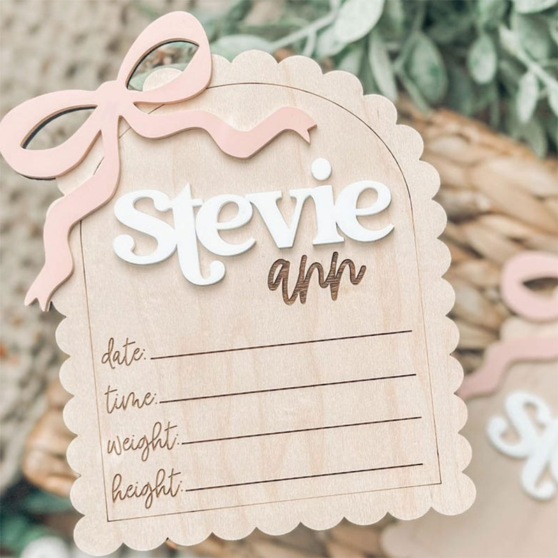 Placa de bebé con nombre personalizado, lazo rosa y azul con etiqueta de nombre de datos de nacimiento, anuncio de nacimiento de niña, placa personalizada