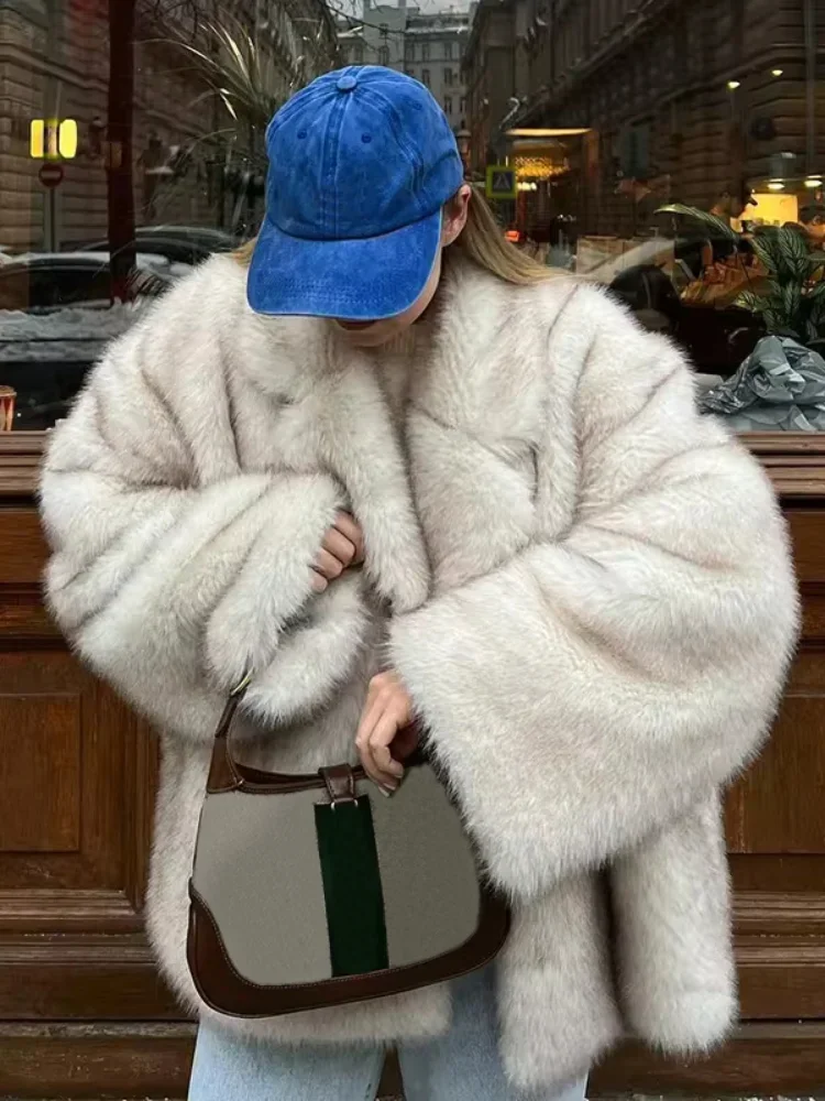 2024 Winter Hot Fashion Girls Oversized Gradient Fur Coat Women Gruba ciepła odzież wierzchnia Puszysta kurtka ze sztucznego futra lisa