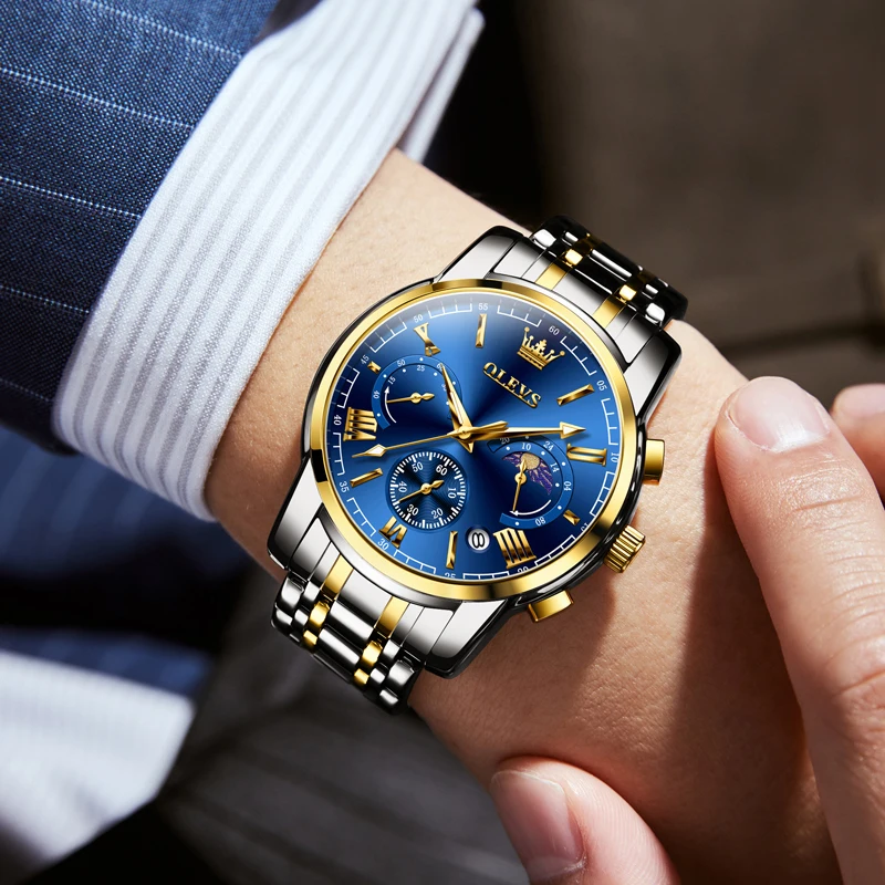 Marca OLEVS, certificación Original, relojes para hombre, fase lunar, reloj de cuarzo resistente al agua para hombre, cronógrafo, calendario, reloj de moda