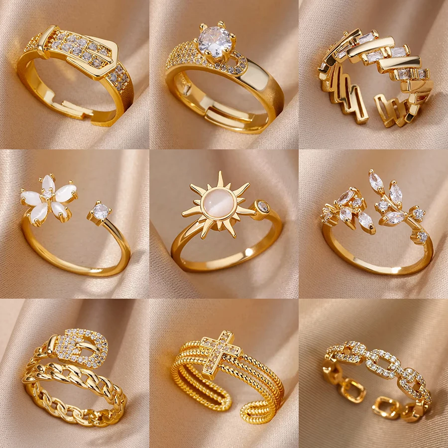 Anillos geométricos de circón de lujo para mujer, anillo abierto de acero inoxidable de Color dorado, joyería estética para fiesta de boda a la moda, regalo para mujer