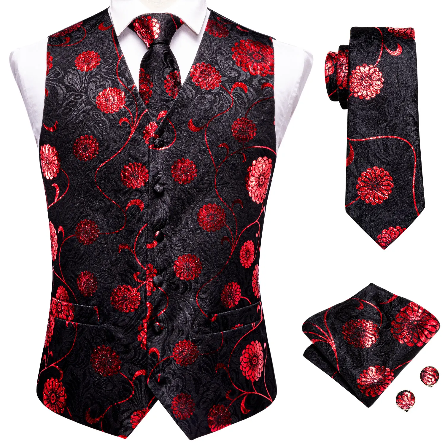 Hi-Tie jedwabna kamizelka męska krawat Hanky ​​spinki do mankietów zestaw żakardowa kwiatowa kamizelka Paisley kurtka bez rękawów krawat dla męskiej pracy ślubnej