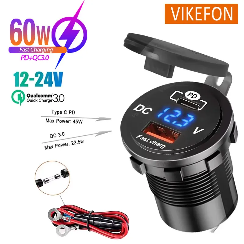 60W autolader socket met spanningsweergave USB Type C PD+QC3.0 dubbele poort voor 12V/24V motorfiets vrachtwagen boot telefoon snel opladen