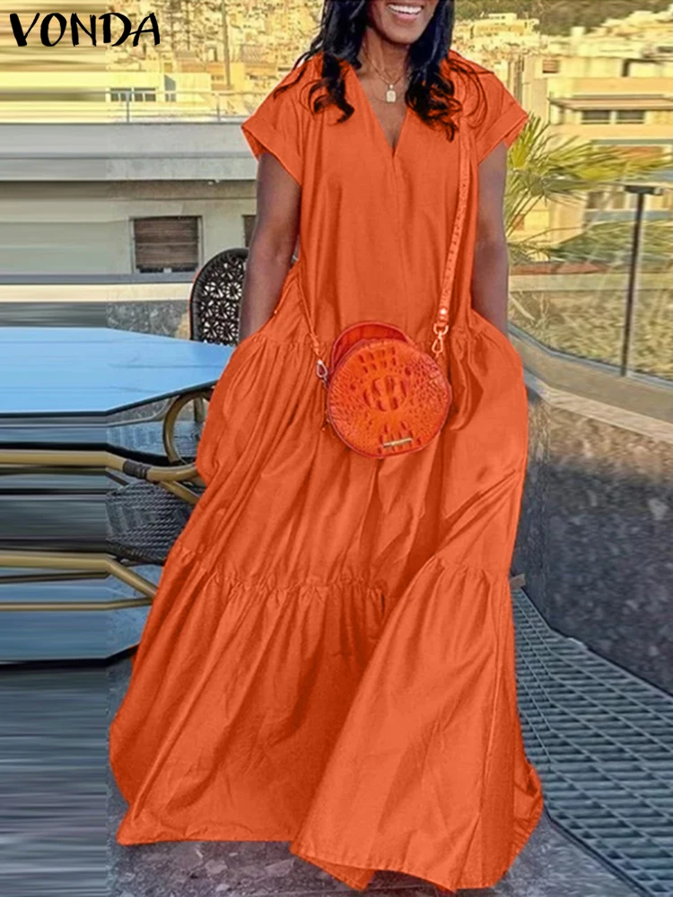 Plus Größe VONDA Frauen Bohemian Kleid 2025, Sommer Sommerkleid Einfarbig Casual Kurzarm Party Rüschen Vestidos V-ausschnitt Robe