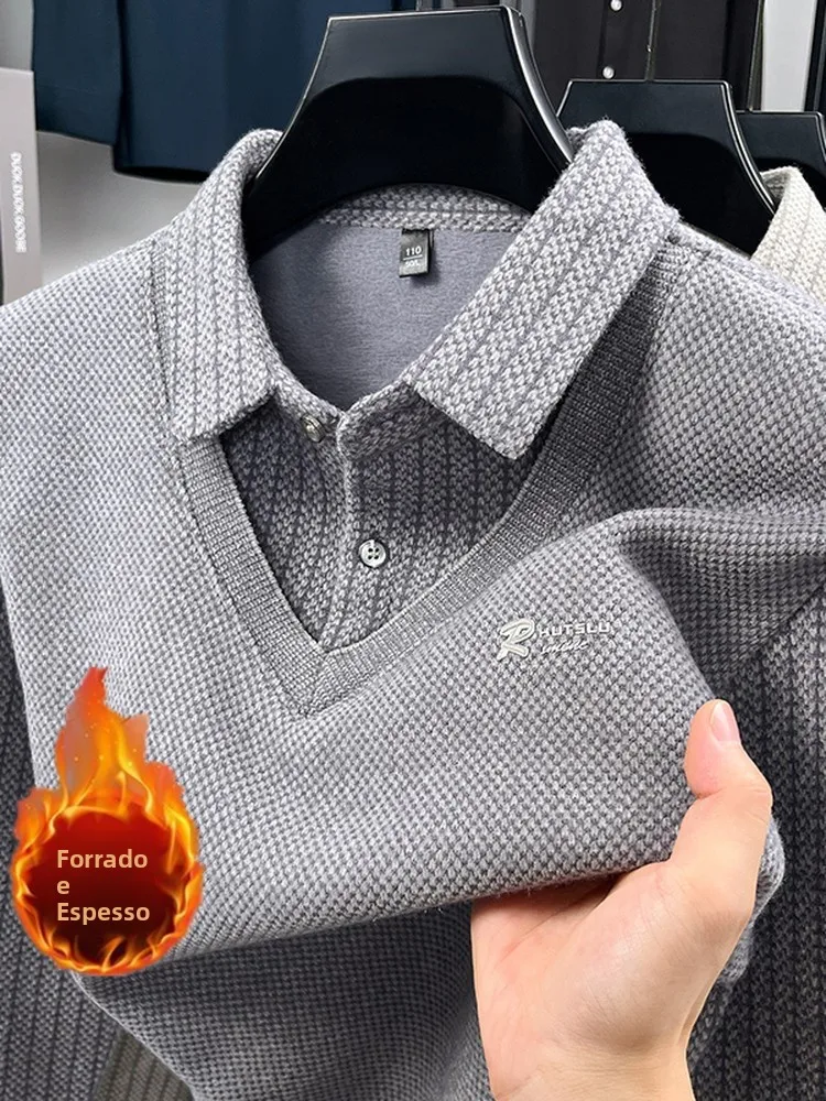 Suéter Masculino de Inverno com Forro de Fce Espo, Estilo Casual, Csa Base Quente, Estilo Pai, Ajuste Regular, Manga...