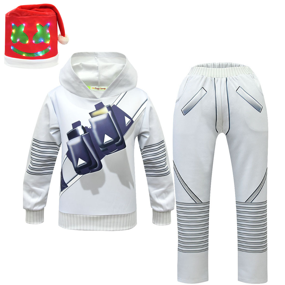 Halloween Marshmello DJ Cosplay Costume per bambini Felpe con cappuccio a maniche lunghe + Pantaloni + maschera + guanti Set da 4 pezzi Bambini Ragazzi Musica Regalo per feste di Natale