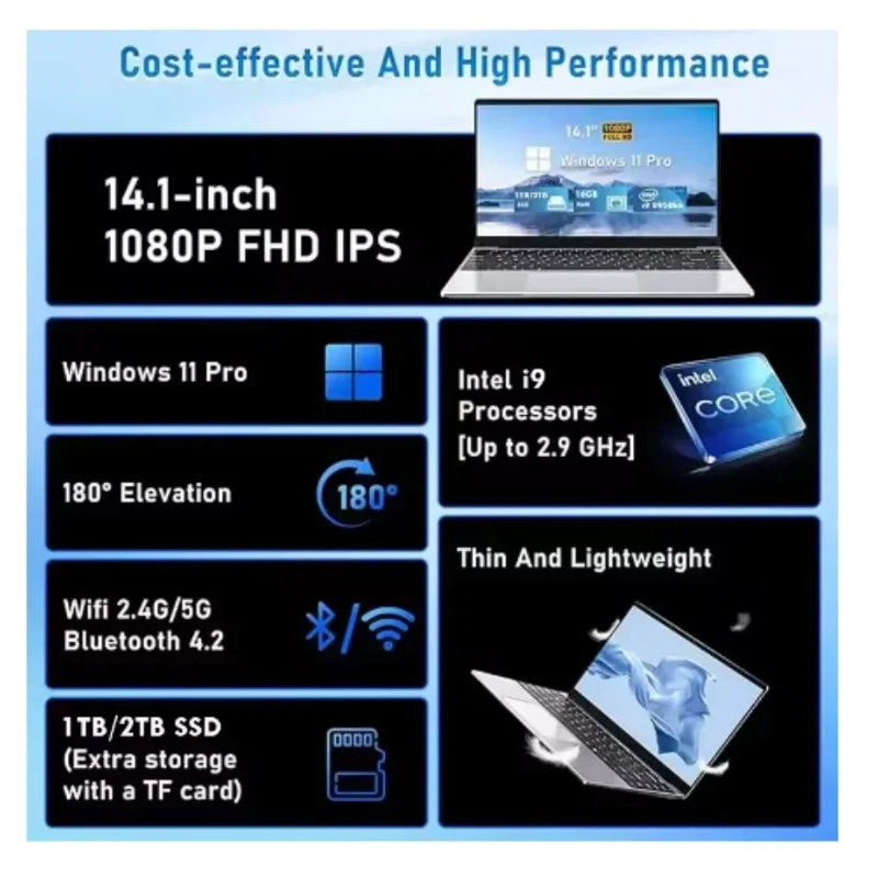 14.1 Inch Intel Core i9 8950hk Portable Windows 11 Pro Laptop Computer HD Screen 16GB RAM 1TB 2TB SSD Gaming laptops Pc Gamer