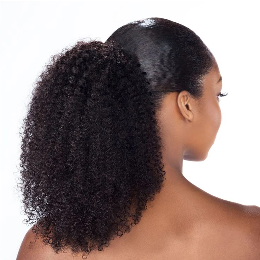 Mongol 4b 4c remy cabelo humano 10-24 "clipes em cordão rabo de cavalo afro kinky encaracolado cordão rabo de cavalo extensões de cabelo humano