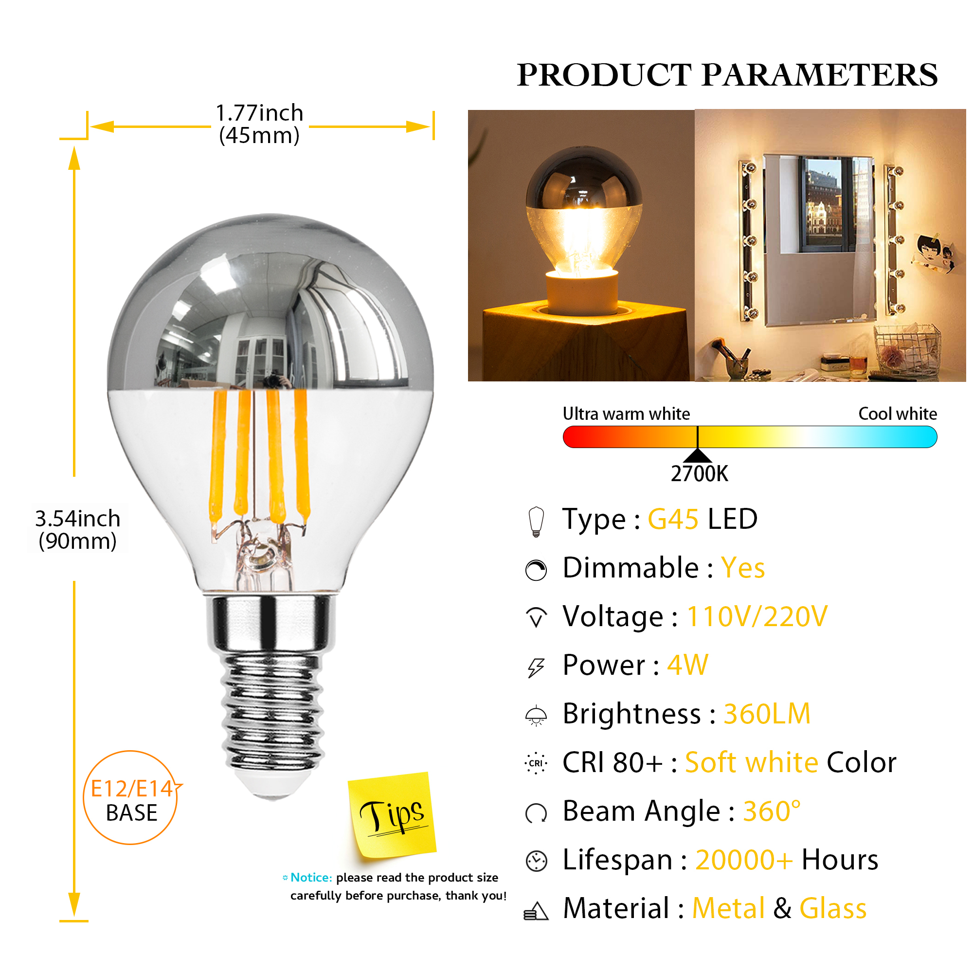 Genixgreen E12 E14 LED-Spiegel-Glühbirne, dimmbar, 4 W, G45, Top Silver Crown Globe 2700 K, Dekor, Korridor, G14, halb verchromte Edison-Glühbirne