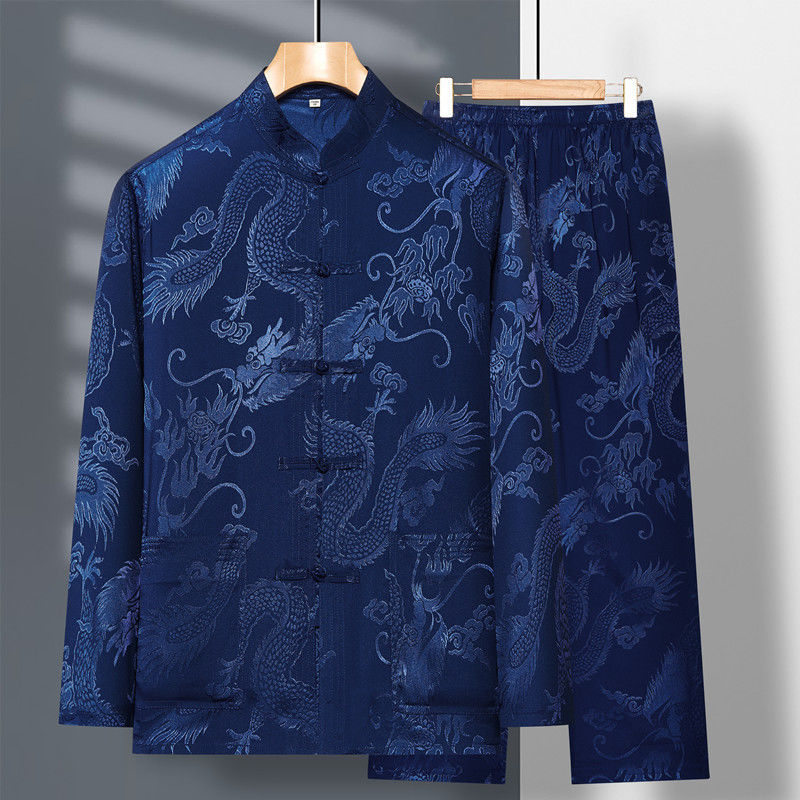 2024 frühjahr Neue Mittleren Alters Ältere Tang-anzug männer Langarm Satin Drachen Kung Fu Chinesischen Plus Größe Hemd Training kleidung