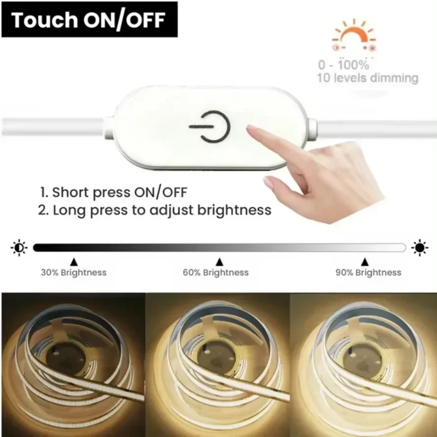 Tira de luces LED USB multicolor de 5V, interruptor COB, Sensor táctil, lámpara regulable, cinta, retroiluminación de espejo de TV, iluminación nocturna para cocina y habitación