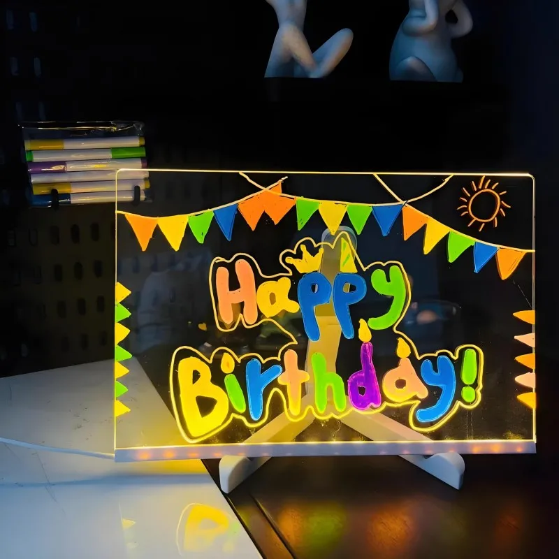 Light Up Acrylic Message Board Rewritable DIY Children's Glowing Drawing Board Message Lamp With 7 Colorful Pens