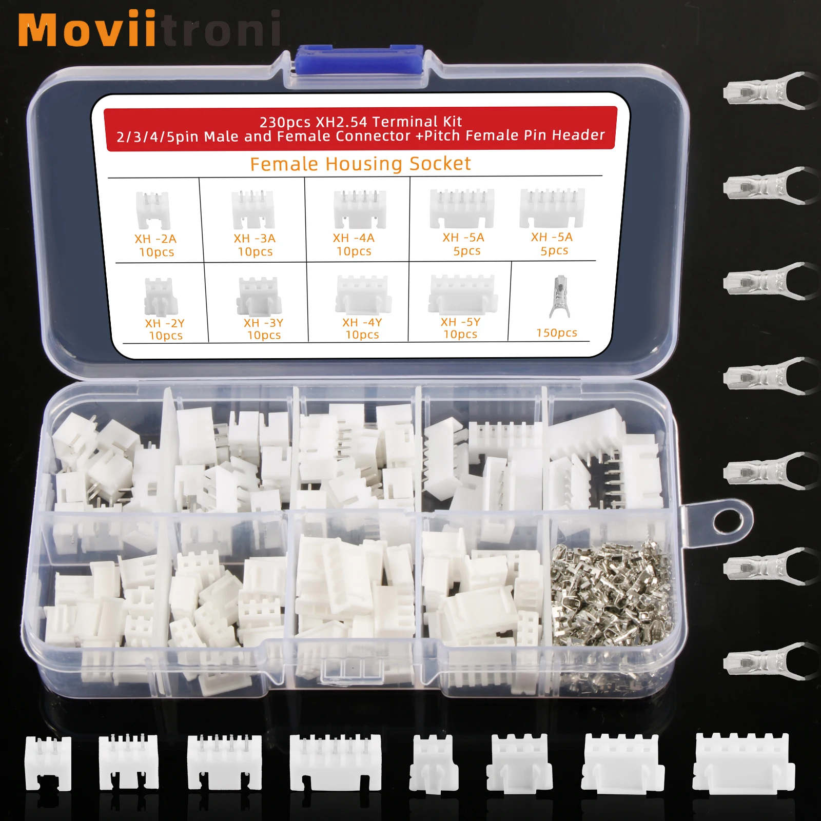 230pcs 2.54mm JST Connector Kit XH-2.54 2/3/4/5/6 Pin Male&Female Housing Connector Adapter Plug 2.54mm Pitch Wire Terminal Kit