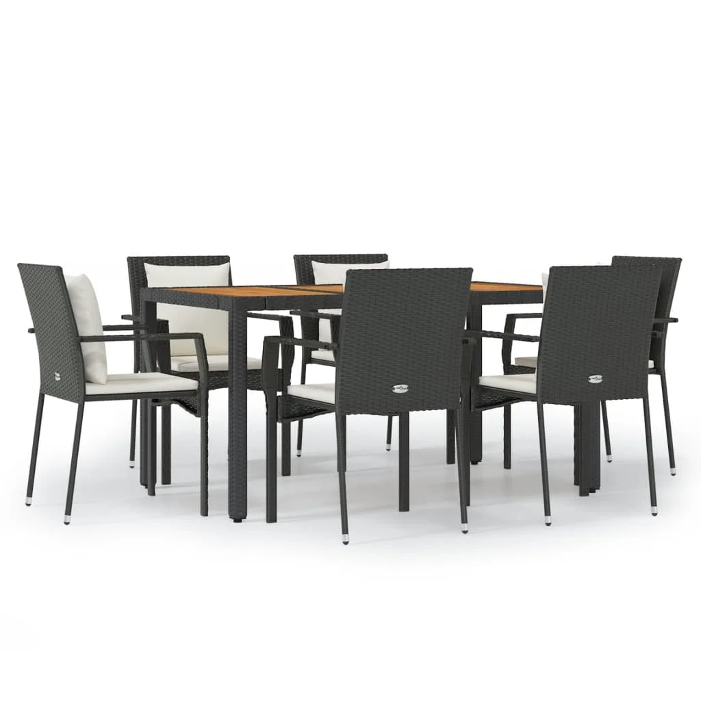 7-TLG. Gruppo da pranzo da giardino in polyrattan nero con cuscini