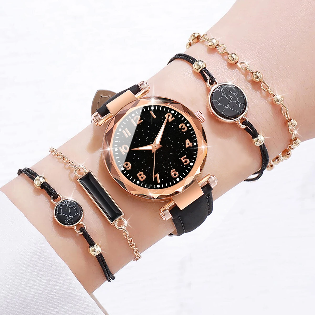 5 unids/set de relojes para mujer, conjunto de pulseras, reloj de cuarzo con banda de cuero y esfera de cielo estrellado a la moda