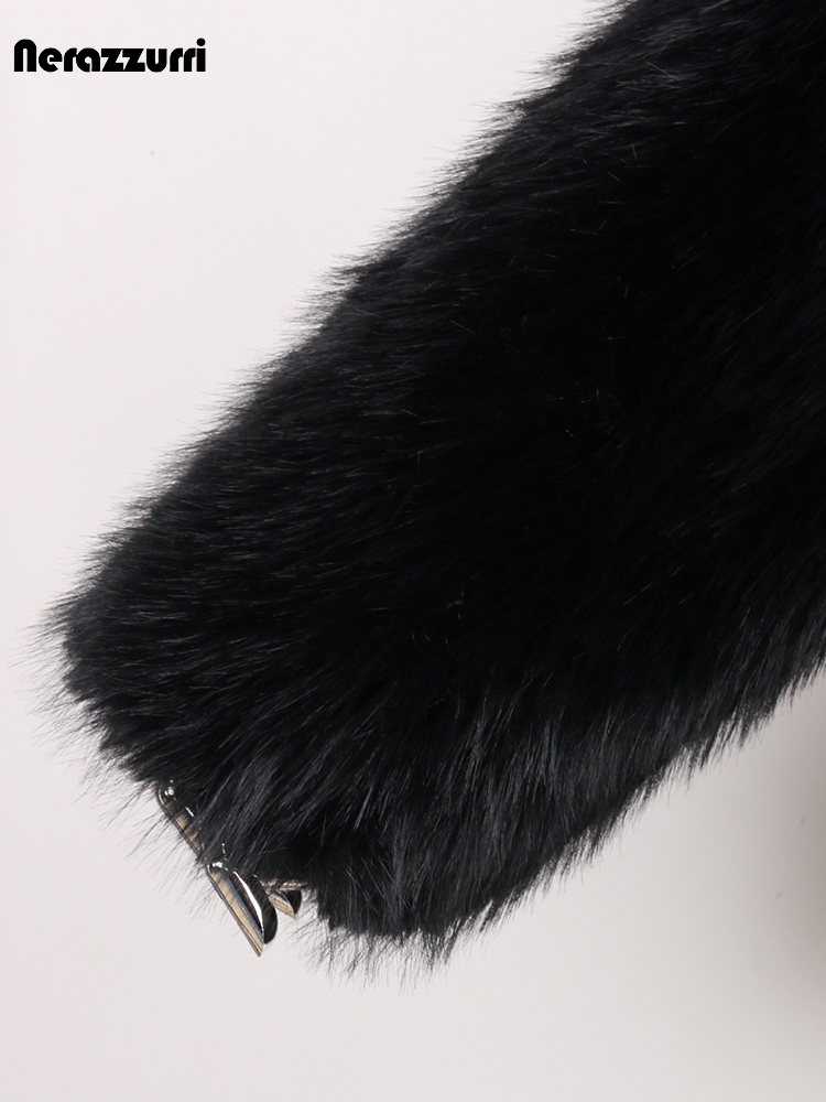Nerazzurriฤดูใบไม้ร่วงฤดูหนาวสีดําหนาWarm Hairy Shaggy Soft Faux Fox Fur Coatผู้หญิงแขนยาวหลวมสบายๆFluffy Jacket 2024