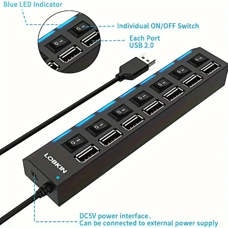 Adaptador expansor USB HUB 2,0 de alta velocidad, 4/7 puertos, divisor Multi USB, extensor múltiple con interruptor de lámpara LED para PC y portátil