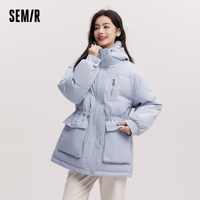 Semir halflange donsjas dames capuchon losse pasvorm taille cinching 2025, nieuwe winter minimalistische stijl