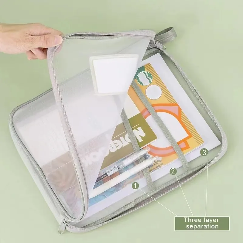 Cartella portaoggetti trasparente per cancelleria Imballaggio per file con cerniera in rete addensata calda Formato A4 Forniture per ufficio scolastico Borse portaoggetti da viaggio