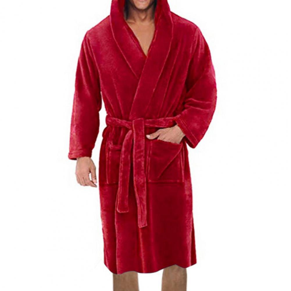 Bata de baño de franela con cinturón de Color liso, camisón cálido con bolsillos y capucha para hombre, bata de pijama larga y gruesa absorbente, ropa de baño para el hogar