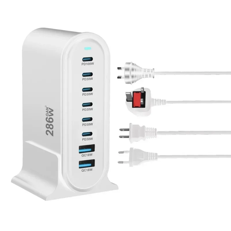 Pengisi daya Cepat Desktop GaN 286W, pengisi daya USB Tipe C PD 8 port 3.0 USB Tipe C 100W PPS