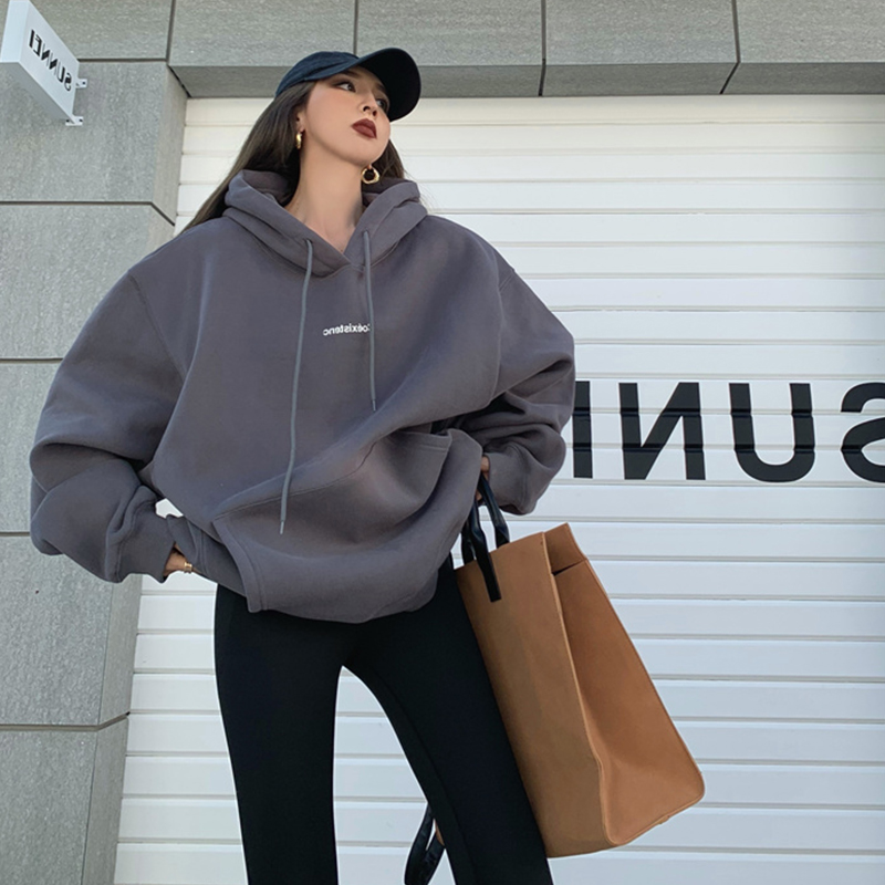 Women's Fleece Lined Hoodie Thickened Retro Design Street Sle Outerwear Chic Korean Version Large Size Autumn Winter Sweats...