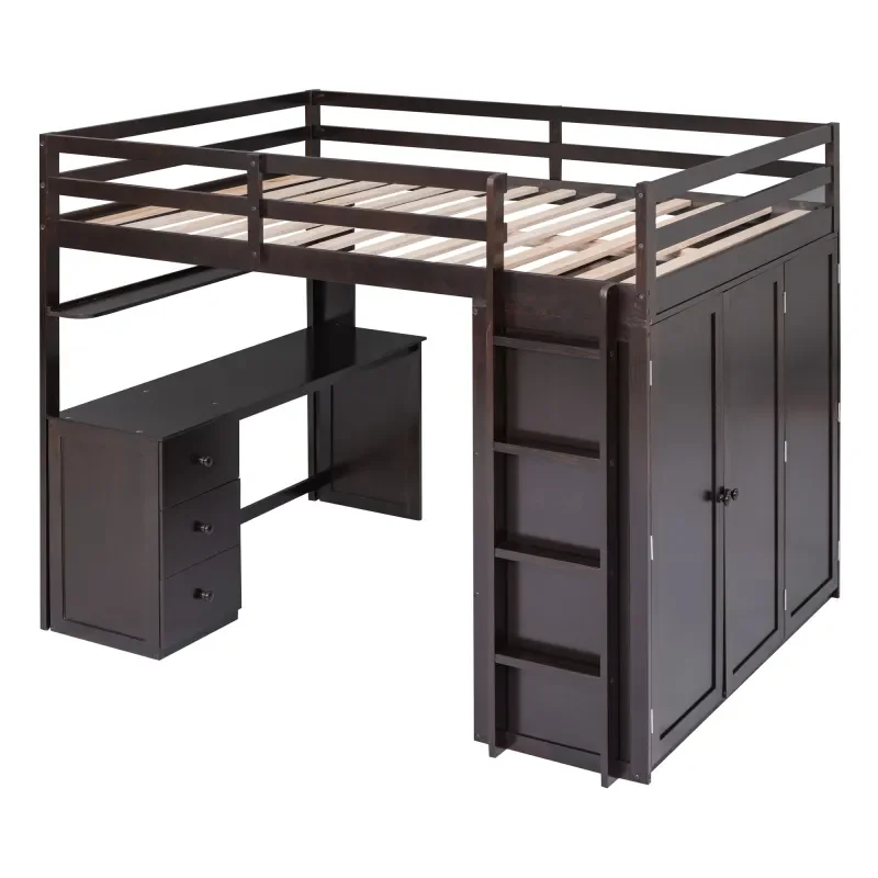 Full Size Loft Bed com gavetas, mesa, armário, adequado para quarto das crianças, quarto de hóspedes
