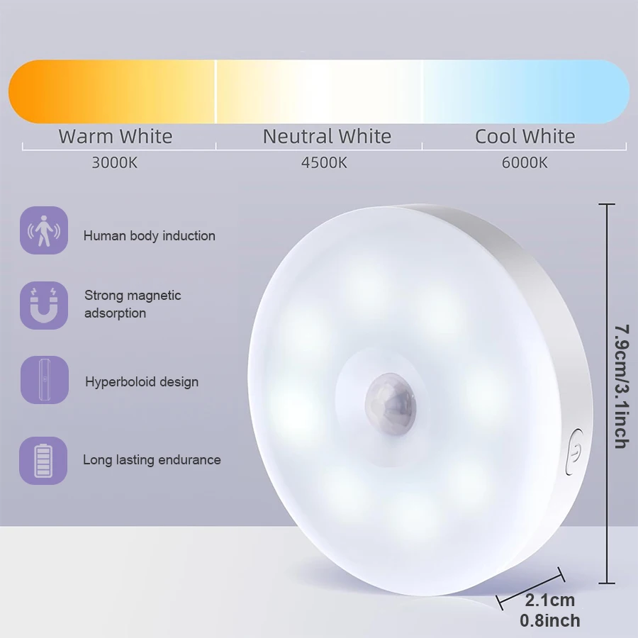 CY-luz magnética con Sensor de cuerpo humano, luz esmerilada mejorada, tres colores infinitamente regulables para dormitorio, baño, pasillo, cocina, nuevo