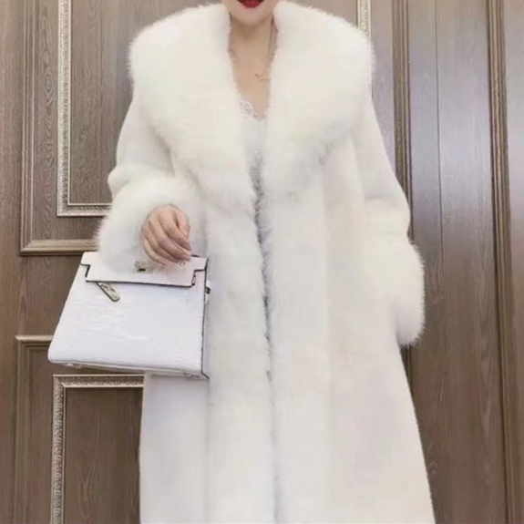 Faux Pelz Mäntel Frauen Langen Mantel Dicke Warme Drehen Unten Kragen Offenen Stich Frühling Oberbekleidung Jacken Elegante Splice Herbst Winter