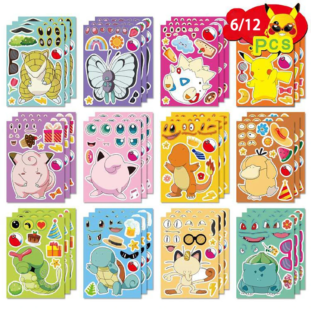 6/12 hojas de rompecabezas de Pokémon para niños, pegatinas de Anime para hacer una cara, montar calcomanías divertidas de dibujos animados, rompecabezas para niños, juguete para regalo