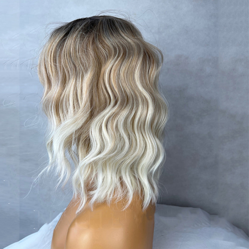 Ash Blonde Brown Balayage Highlights Streaks 14 Inch Bob Wig Wavy Lace Front Fringe Bangs Womens Wig Eye Catching Short