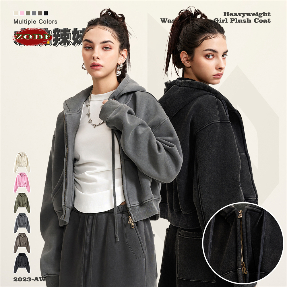 ZODF-sudaderas con capucha cortas Retro para mujer y niña, abrigo holgado de lana gruesa de 355gsm con capucha y cremallera, ropa de calle HY0448 2023
