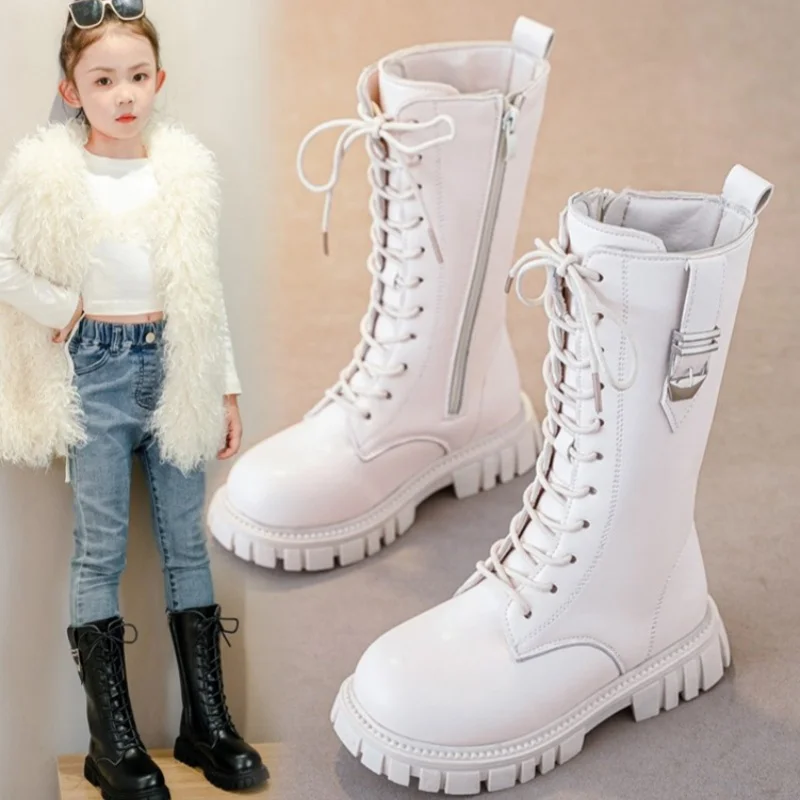 Elegante zíper bebê menina casual moda botas outono/inverno dedo do pé redondo quente sola grossa rendas confortáveis botas de entressola das crianças