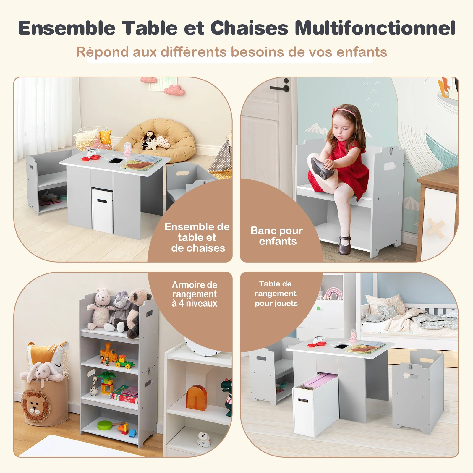 4 en 1 Table Enfants avec 2 Chaises, Table d'activités avec Banc de Rangement & Couvercle Amovible, Coins Arrondis et Boucle de Sécurité, Charge 90/30kg pour Enfants de 3 Ans+