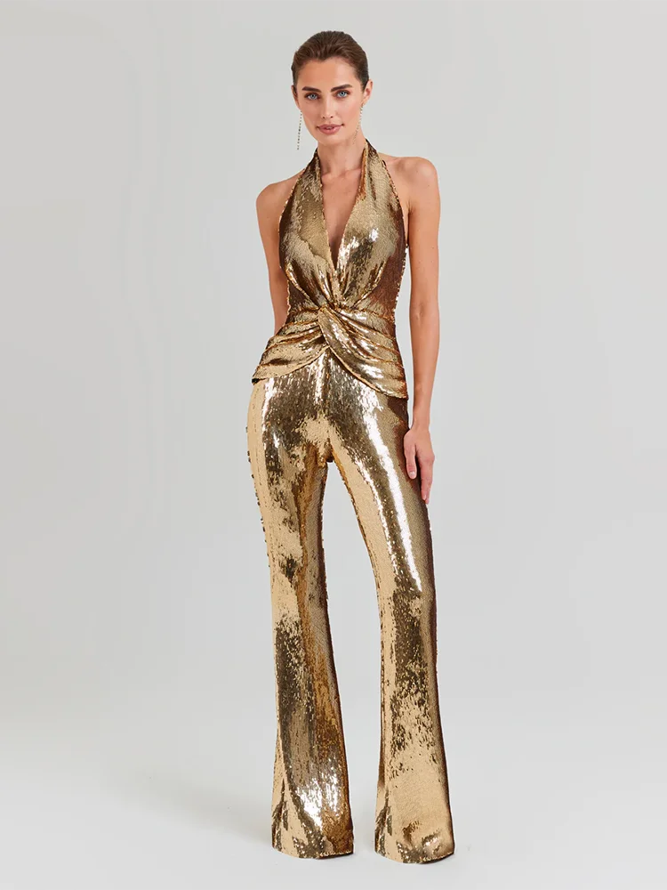 ผู้หญิงแขนกุดทองเลื่อมJumpsuitเซ็กซี่VคอSparkle Sequined Highเอวกางเกงขากว้างJumpsuitคนดังชุดราตรี