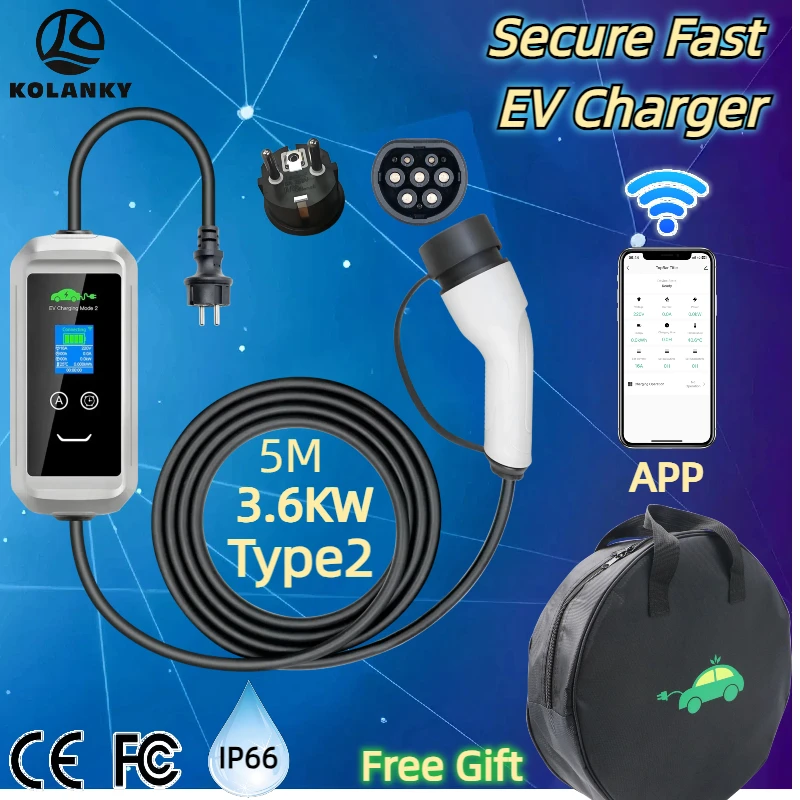 Carregador ev 3.6kw 16a 1 fase portátil type2 plug caixa de carregamento rápido 5m cabo ajustar corrente para estação de carregamento de carro elétrico