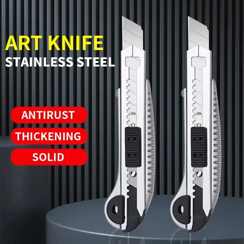 Faca de arte resistente, todo em aço, espessada, grande, faca de papel de parede de aço inoxidável, suporte de ferramenta durável de grau industrial