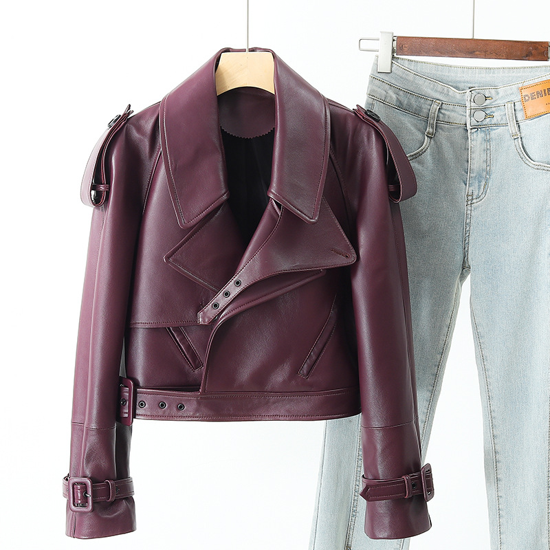 Jaqueta de couro real feminina, jaqueta de pele de carneiro, gola virada para baixo, ombro drop, moda motocicleta, alta qualidade, novo, 2024