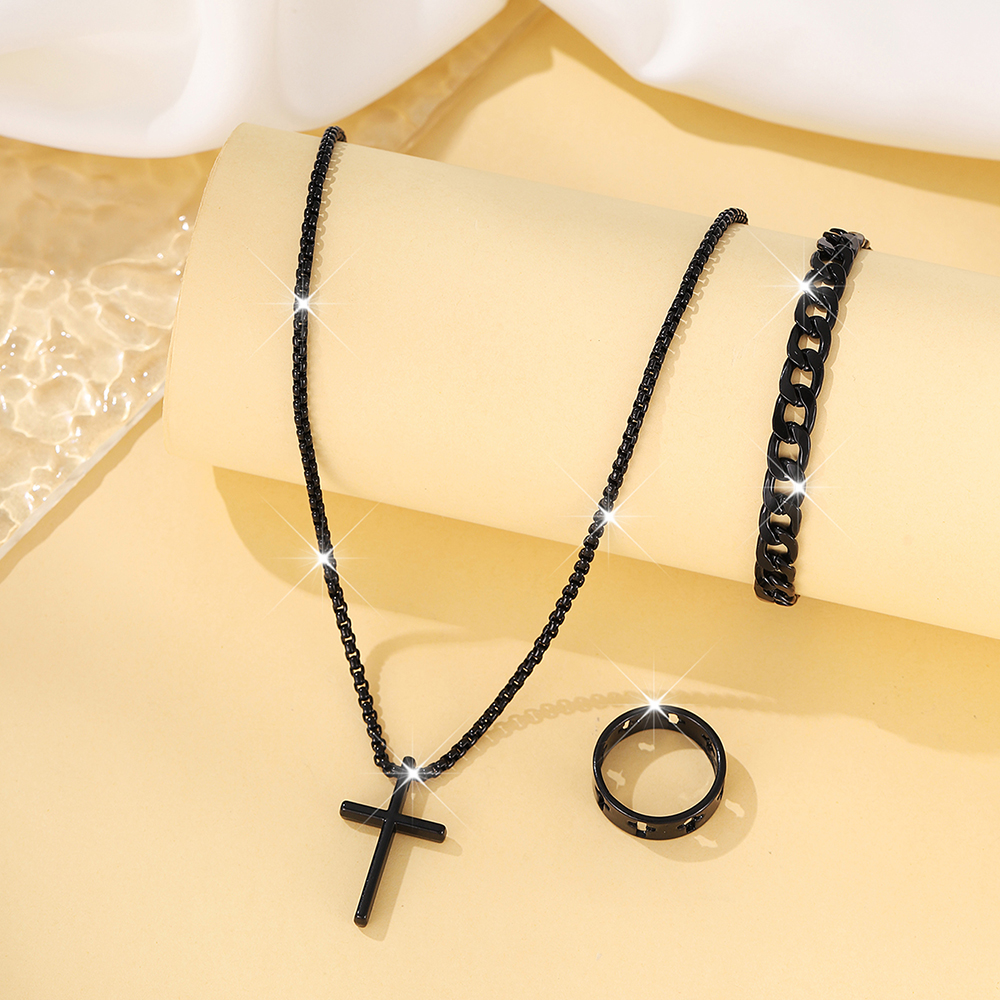 Set da 3 pezzi da uomo in acciaio inossidabile con ciondolo a forma di croce in metallo, collana a catena, bracciale, anello, set di gioielli, accessori da indossare ogni giorno hip-hop maschile