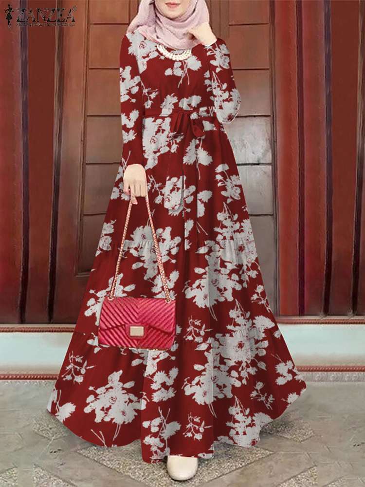 ZANZEA Frühling Floral Bedruckte Muslimischen Kleid Langarm Ramadan Türkei Vestidos Vintage Urlaub Maxi Robe Kaftan Islamischen Abaya