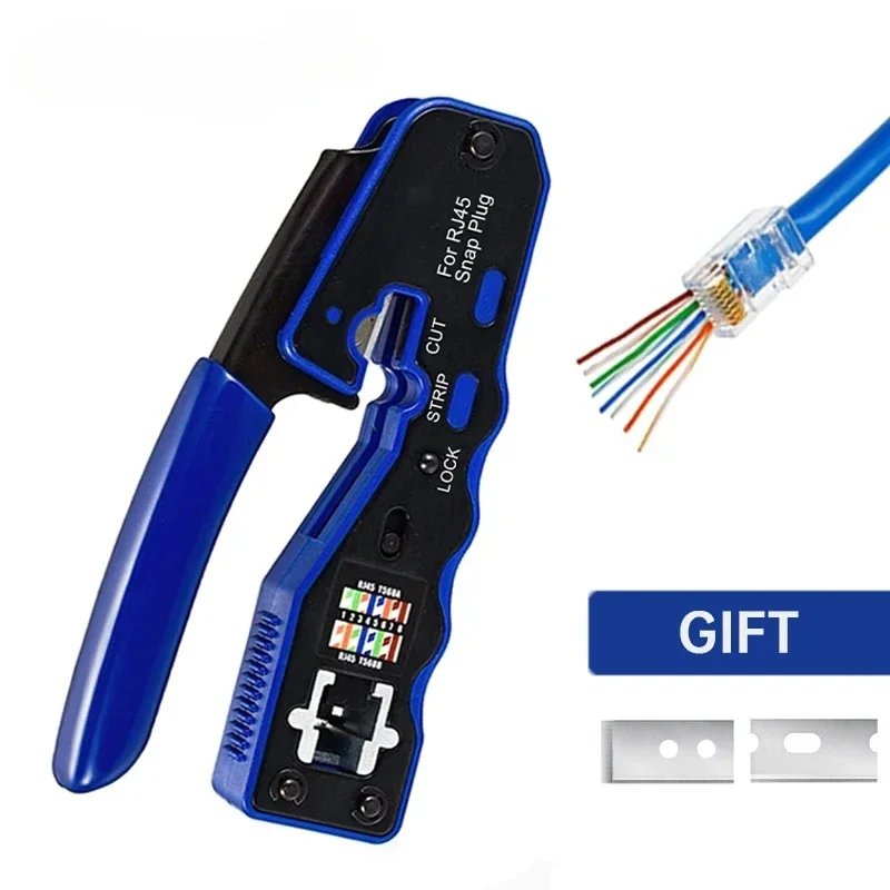 RJ45 Crimp Tool Pass Through Crimper Cutter for Cat6a Cat6 Cat5 8P8C Modular Connector Ethernet All-in-one Wire Tool