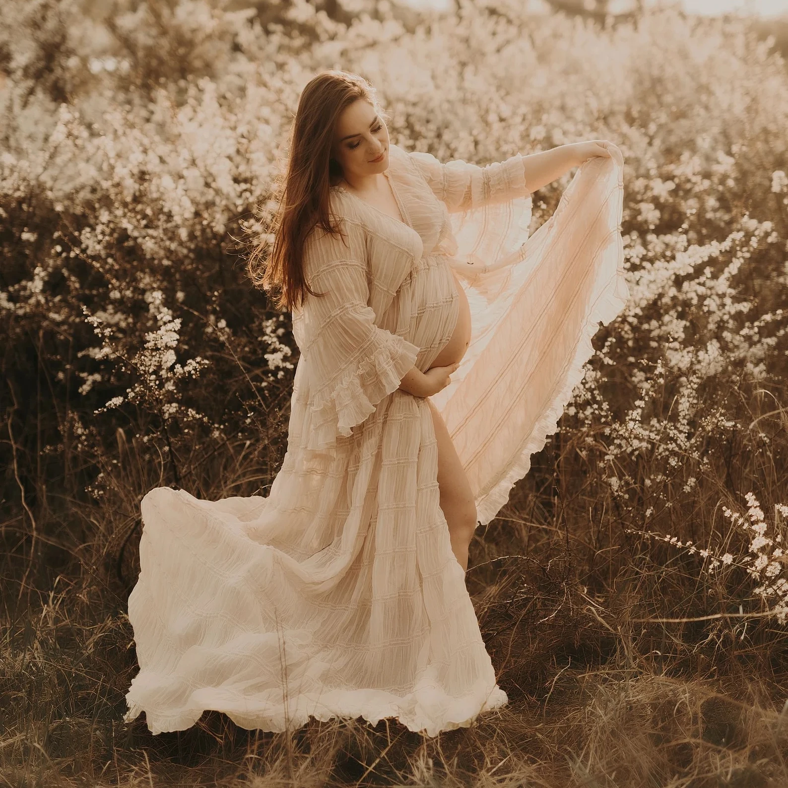 Boho 스타일 플리츠 출산 사진 촬영 드레스 오픈 프론트 보헤미안 롱 드레스 임신 사진 촬영