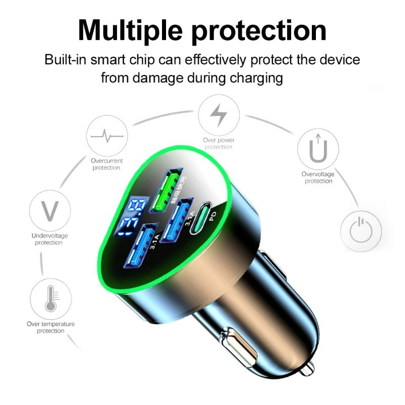 350W autotelefoonoplader USB Type C Supersnel opladen in auto met LED-spanningsmonitor voor IPhone Samsung Huawei Oneplus Vivo Oppo
