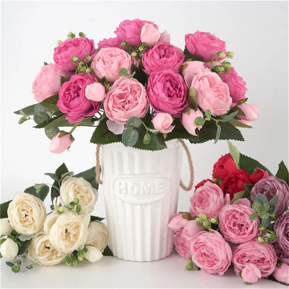 1 unidad de rosas artificiales de peonía de seda de 30CM, flores artificiales, decoraciones navideñas de Año Nuevo baratas, florero para el hogar, ramo de novia para boda en interiores