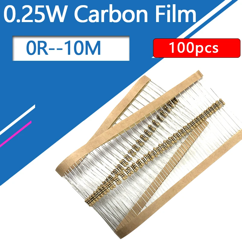 100Pcs 1/4W Carbon Phim Điện Trở Bốn Vòng Tròn Màu 0R 1R 10R 100R 1K 10K 100K 1M 0.25W 0 1 10 100 Ohm R K M 100Ohm 0R--10M