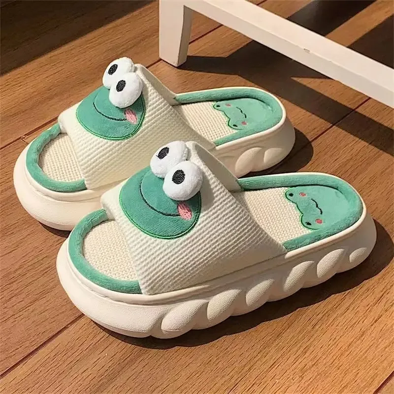 Pantoufles d'intérieur chaudes d'hiver pour femmes, pantoufles confortables à semelle douce et épaisse en lin grenouille, pantoufles antidérapantes pour couples
