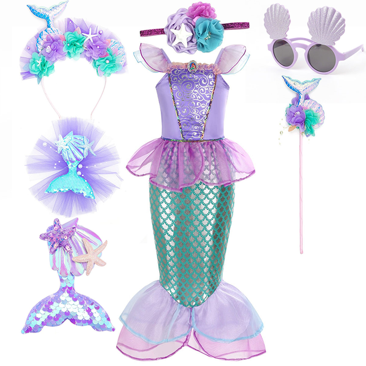 Classic Little Mermaid Ariel Princess Costume Summer Purple Dress For Girls Cosplay Mermaid Carnival Birthday Party Swimsuit Set