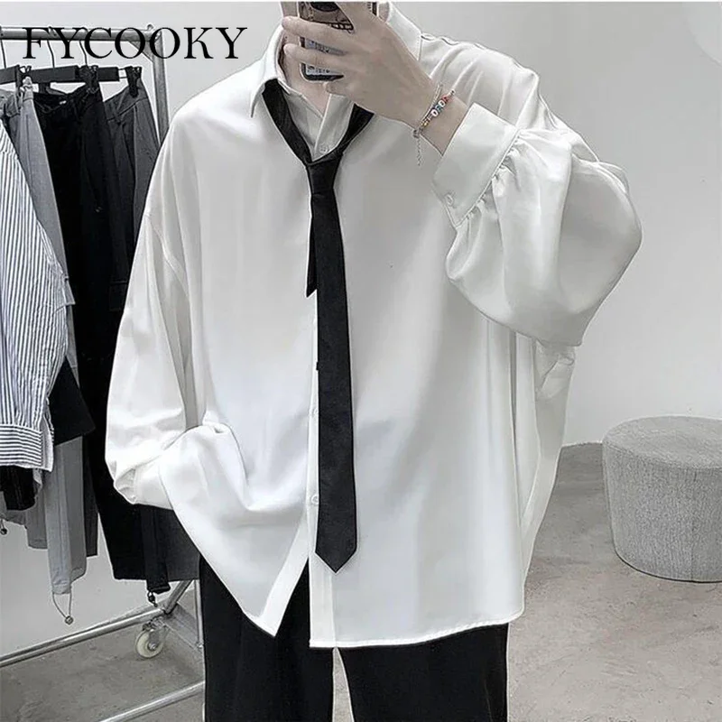 2025 Camicie nere a maniche lunghe da uomo Camicette comode coreane Camicia monopetto allentata casual con cravatta