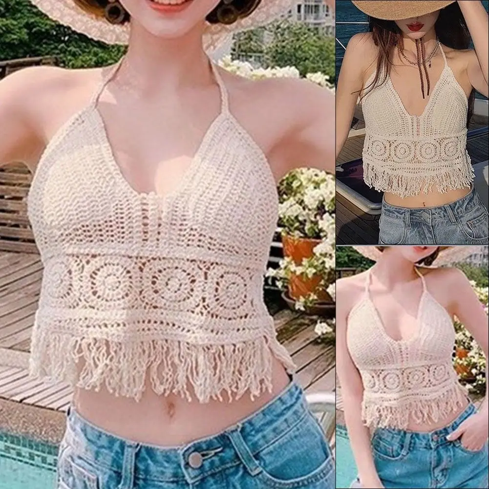 Top Halter de ganchillo para mujer, Top corto de punto para playa con flecos, blusa estilo bohemio con cordones y espalda descubierta, ropa para vacaciones y Festival