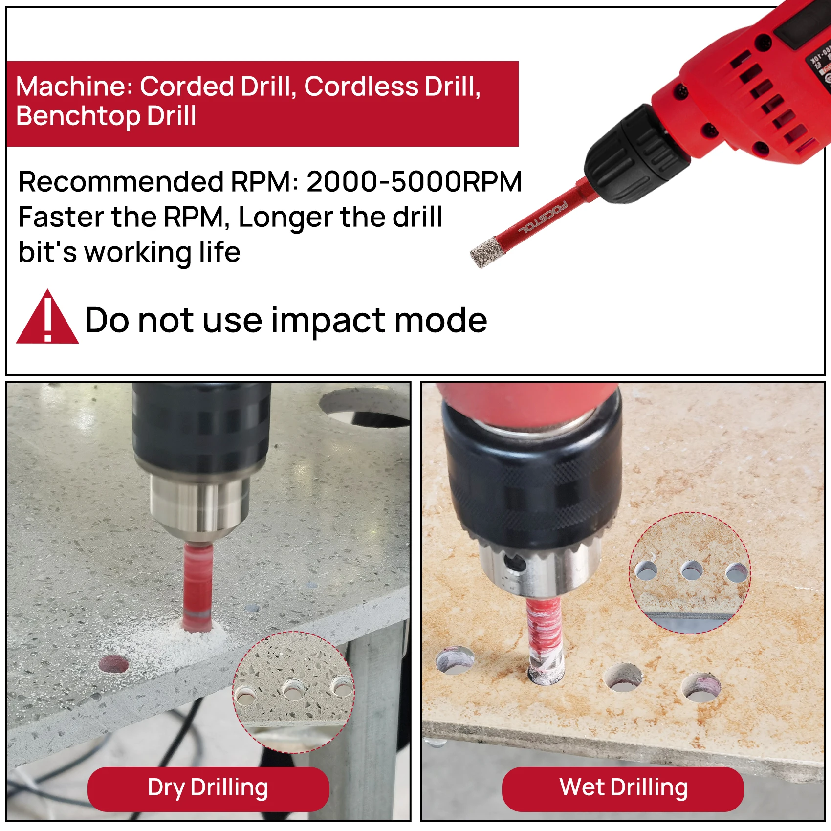 FOCSTOL Diamond Tile Drill Bit 5pcs Set Core Bits Quick Change Hex Shank 6 mm Carbide Drill Bit for Ceramic Porcelain Tile